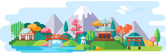 House by waterfall and mountains illustration