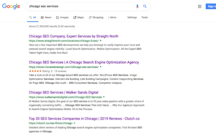 Google search results for Chicago SEO agencies