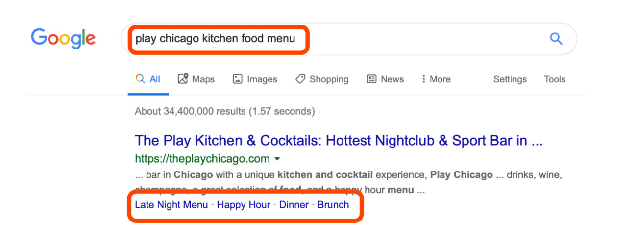 Restaurant menu as rich snippet in search results