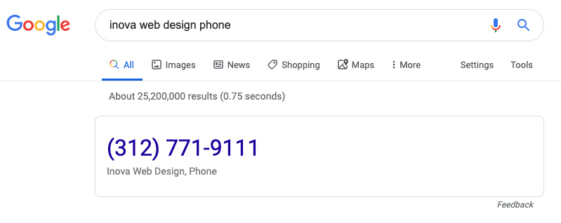 Search result for a local company phone number 